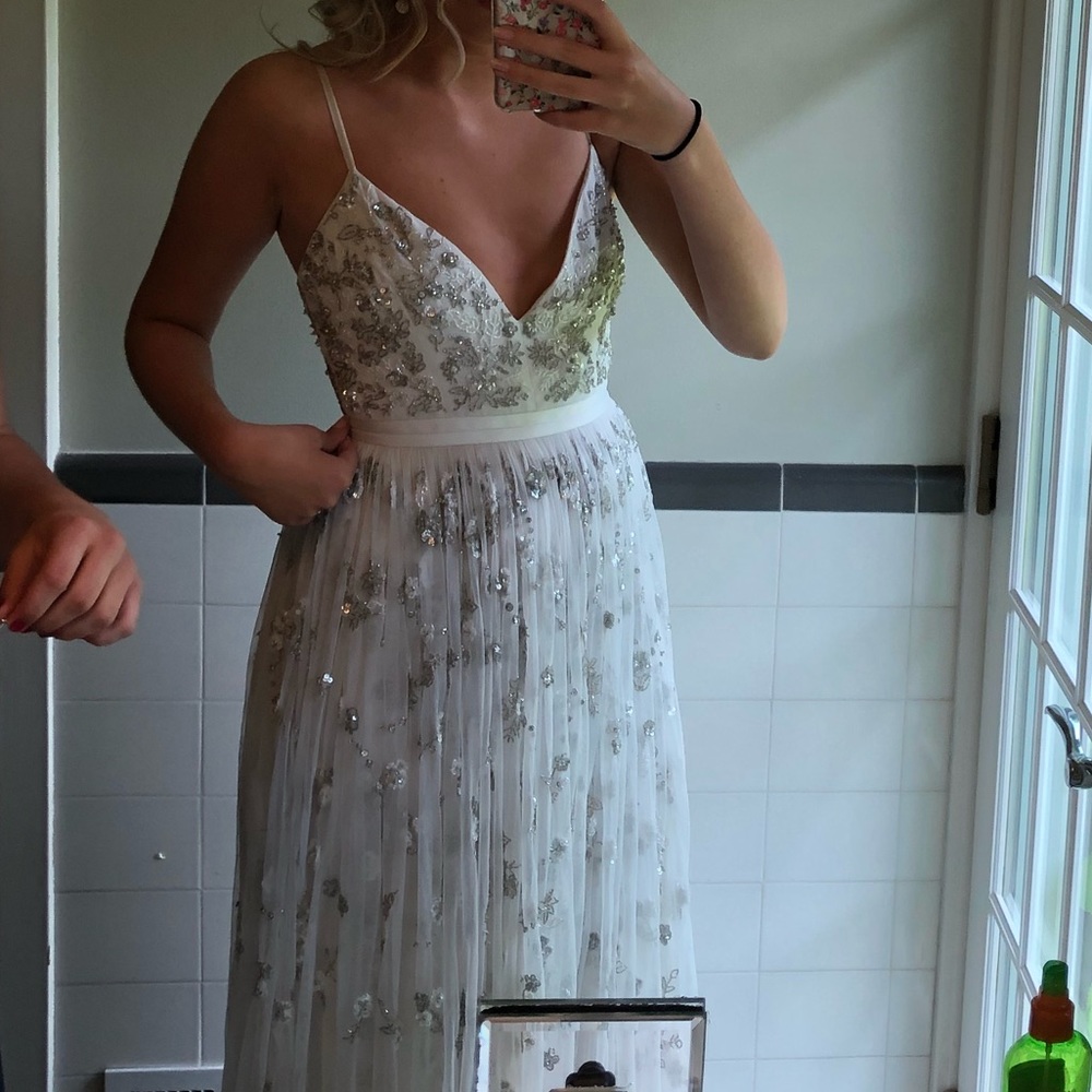 stunning white Needle & Thread formal prom dress